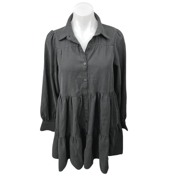 Zara Black Button Down Puff Long Sleeve Collar Tiered Mini Babydoll Dress Size S - Picture 1 of 5